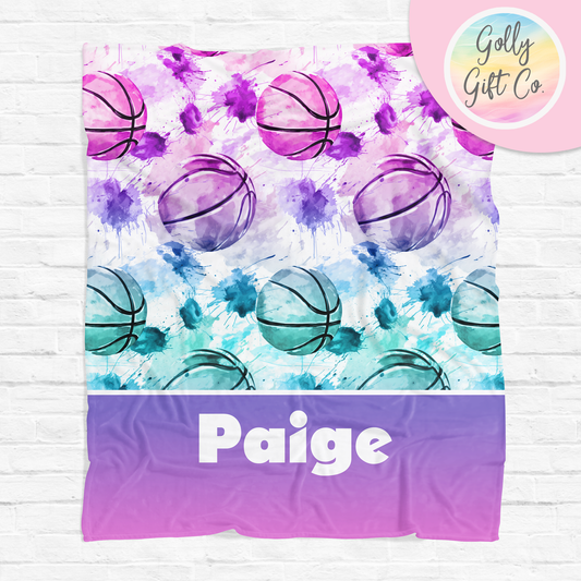 Personalized Gradient Splatter Basketball Bedding - Girls Basketball Themed Fleece or Sherpa Throw Blanket - Monogrammed Basketball Gift - Golly Gift Co