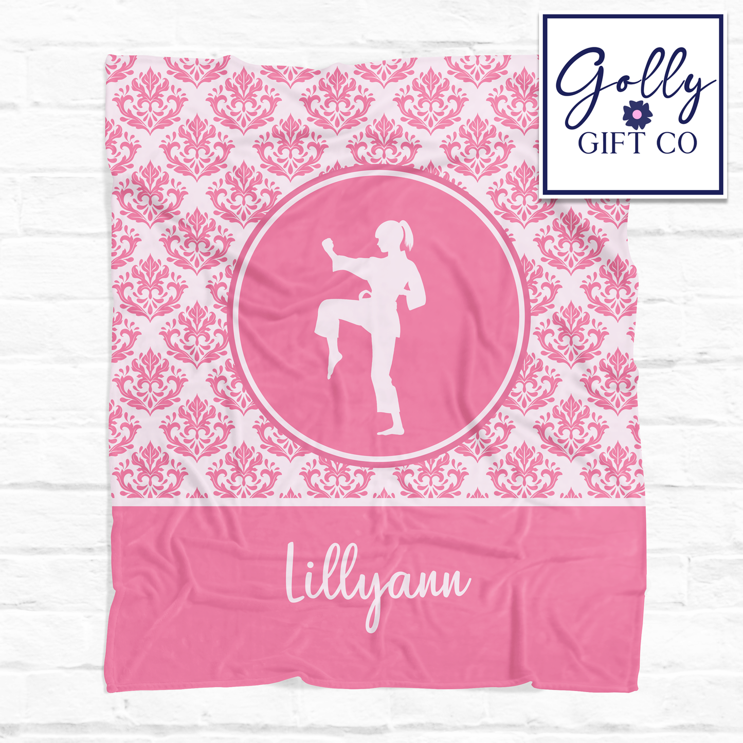 Personalized Pink Damask Karate Bedding - Martial Arts Themed Fleece or Sherpa Throw Blanket for Girls Who Do Martial Arts