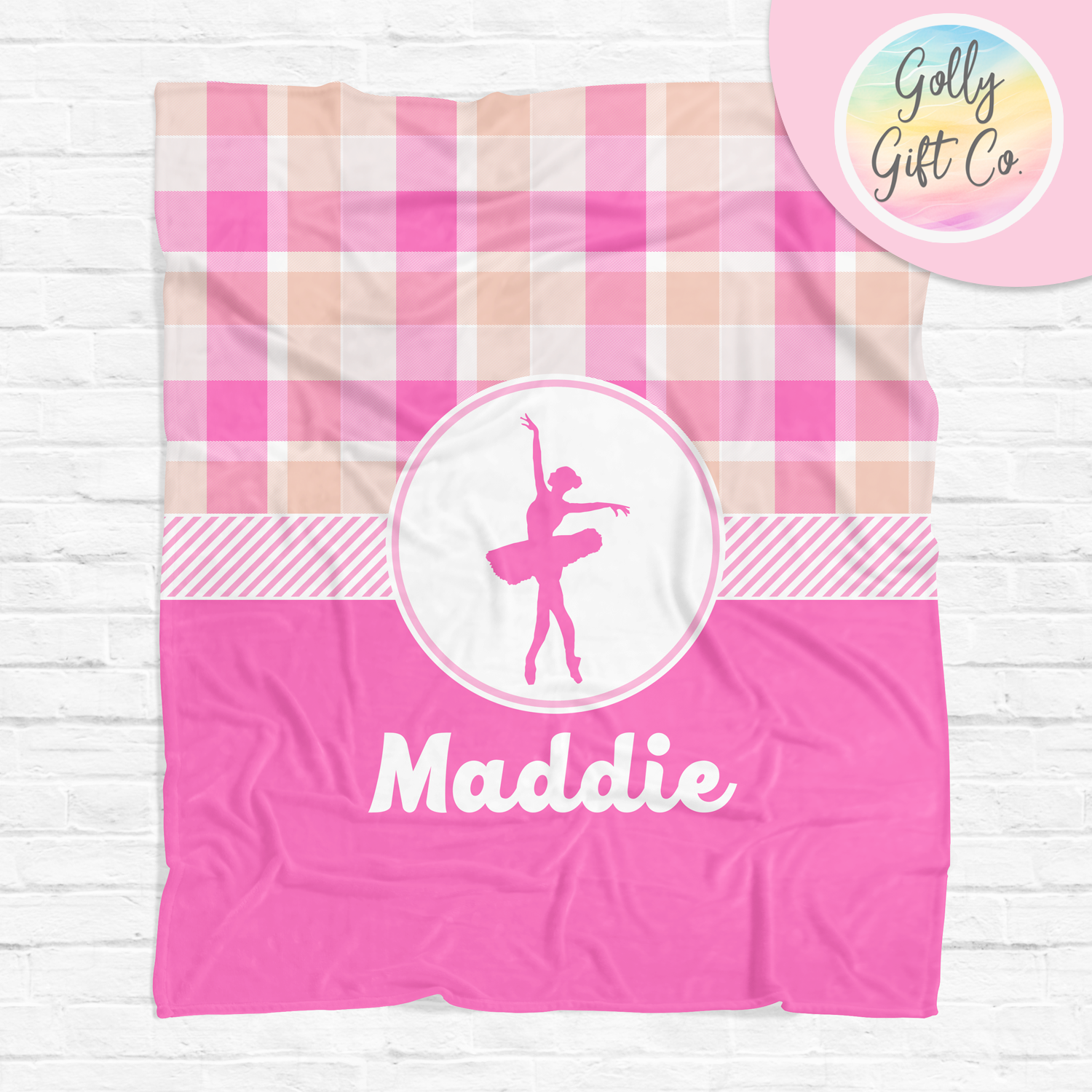 Personalized Peach Plaid Dance Bedding - Ballerina Dance Themed Fleece or Sherpa Throw Blanket - Monogrammed Gift for Dancers - Golly Gift Co