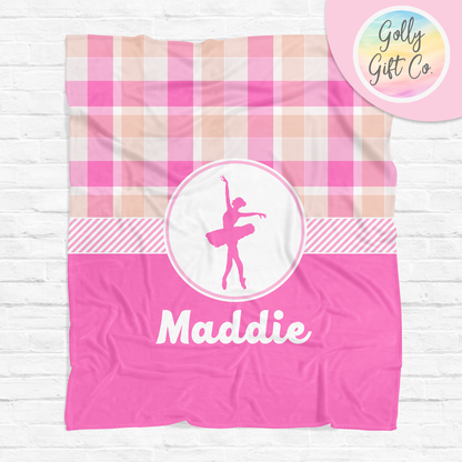 Personalized Peach Plaid Dance Bedding - Ballerina Dance Themed Fleece or Sherpa Throw Blanket - Monogrammed Gift for Dancers - Golly Gift Co