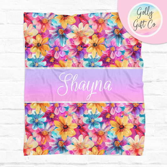 Personalized Hippie Boho Watercolor Floral Bedding - Watercolor Flowers Pattern Fleece or Sherpa Throw Blanket - Monogrammed for Her - Golly Gift Co