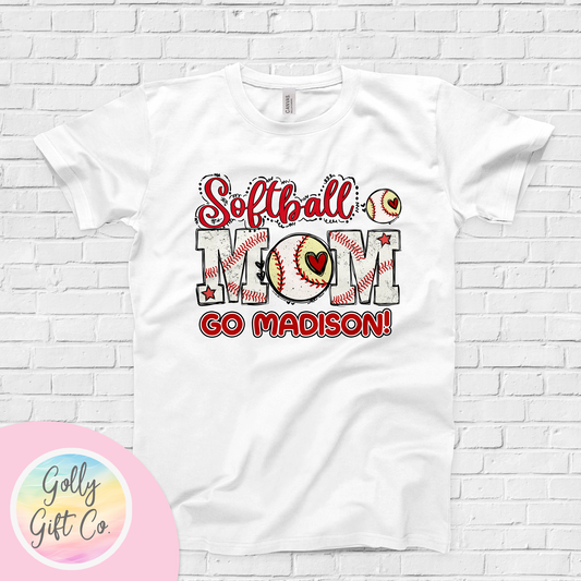 Personalized Softball Mom - Go Kid's Name Red and White T-Shirt(Bella Canvas) - Golly Gift Co