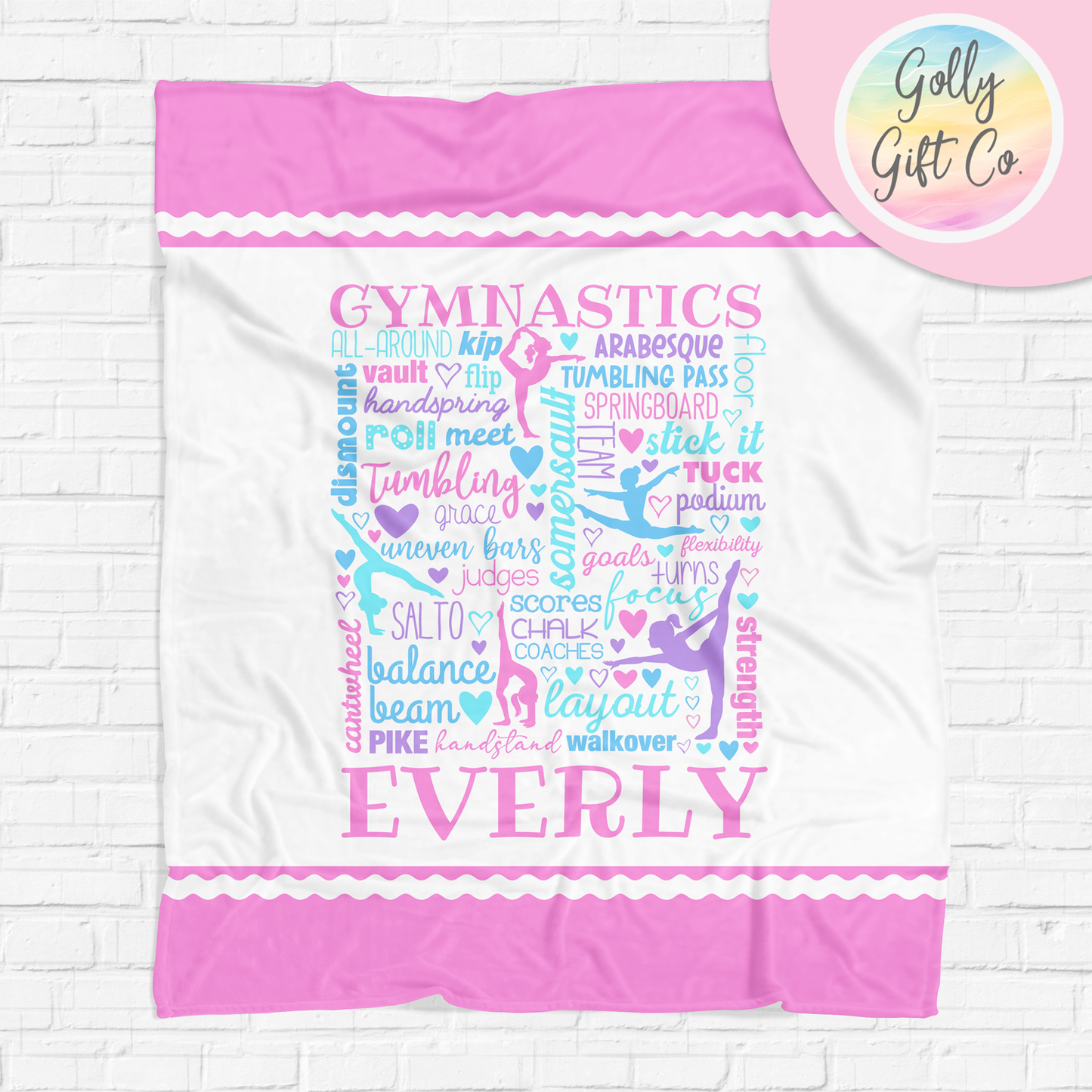 Personalized Gymnastics Typography Bedding - Pastel Gymnastics Words Themed Fleece or Sherpa Throw Blanket - Gift for Girl Gymnast - Golly Gift Co