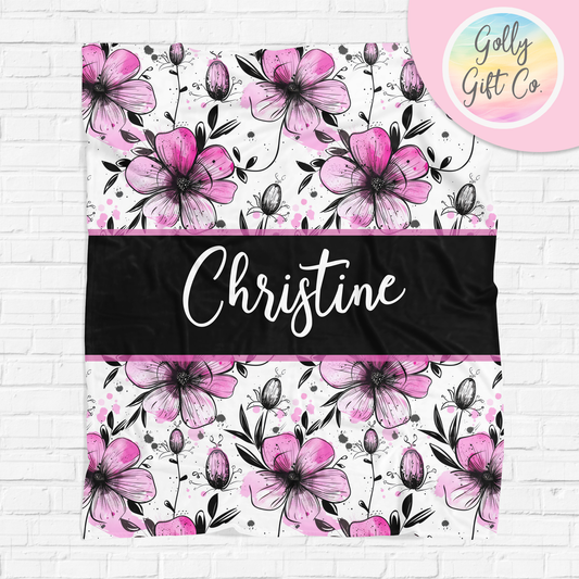 Personalized Pink and Black Inky Floral Bedding - Flower Pattern in a Inky Style Fleece or Sherpa Throw Blanket - Custom Gift for Her - Golly Gift Co