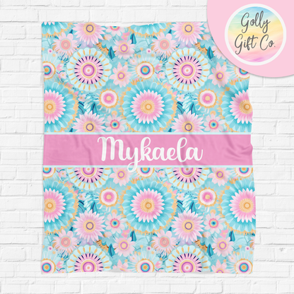 Personalized Boho Floral Bedding - Flower Pattern in a Bohemian Style Fleece or Sherpa Throw Blanket - Custom Gift for Girls - Golly Gift Co