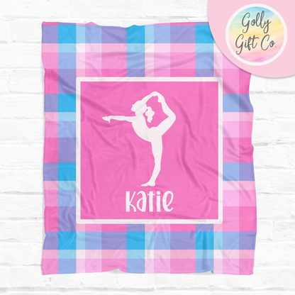 Personalized Gymnastics Bedding - Girls Gymnastics Themed Fleece or Sherpa Throw Blanket - Pink Passion Plaid - Custom Gift for Gymnast Girl - Golly Gift Co