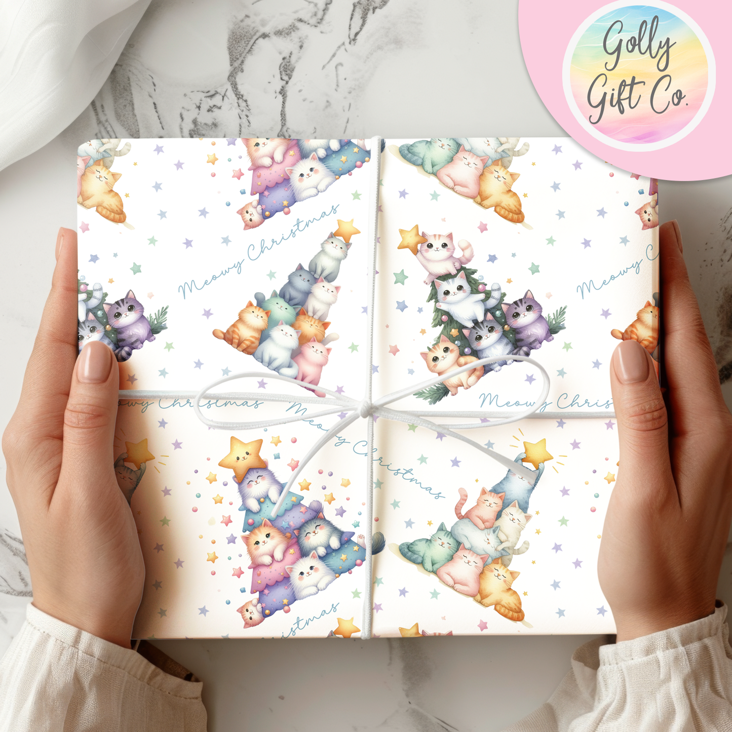 Meowy Christmas Cat Tree Themed Wrapping Paper - Christmas Gift Wrap for Cat Lovers - Golly Gift Co