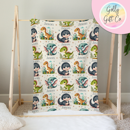 Personalized Dinosaurs Fleece Blanket / Gift for Boy / Customized Boys Gift / Your Name Dinosaurs  and Spots Blanket Bedding