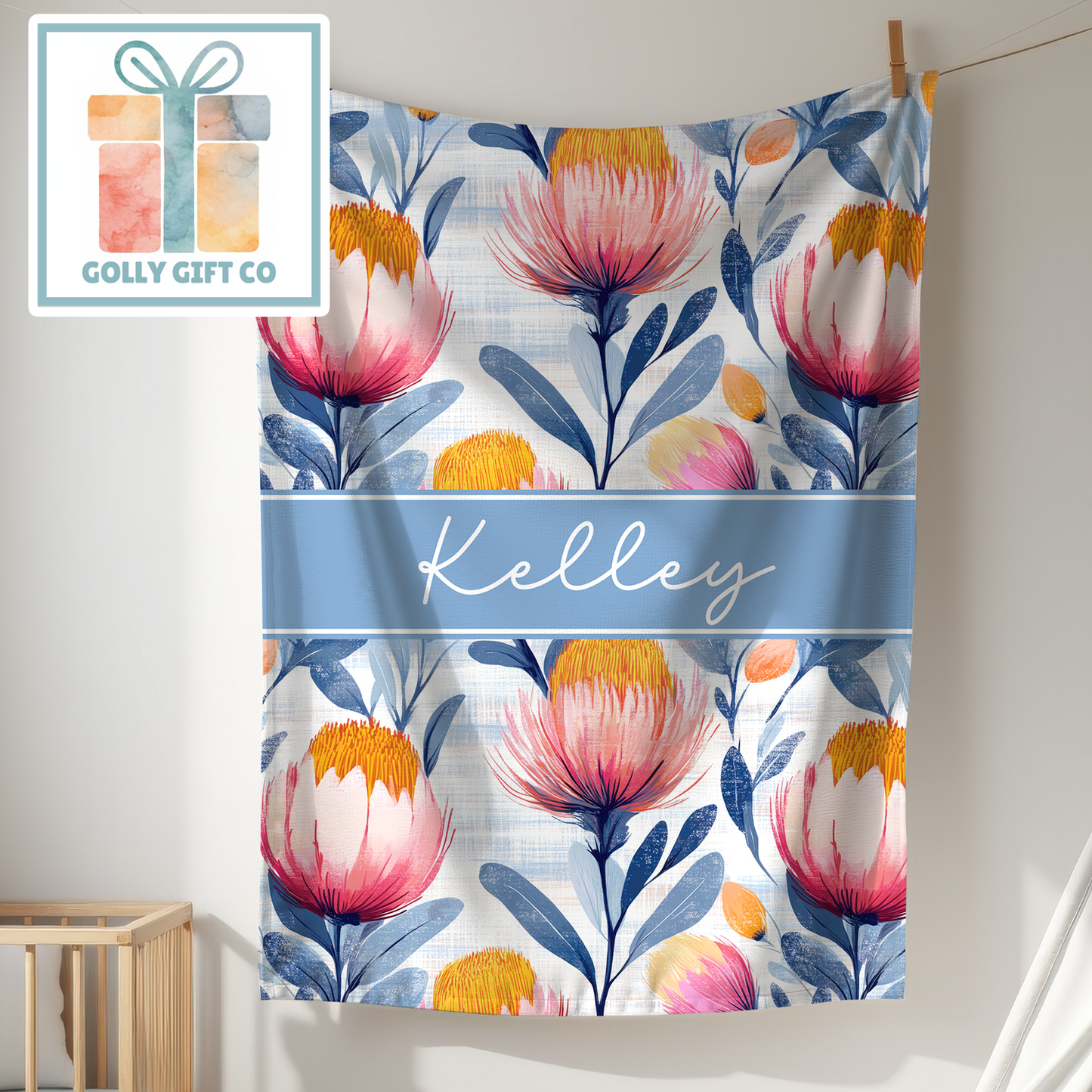 Personalized Watercolor Floral Fleece Blanket - Custom Name Throw With Large Pink Spring Blossoms For Girls, Women, and Baby