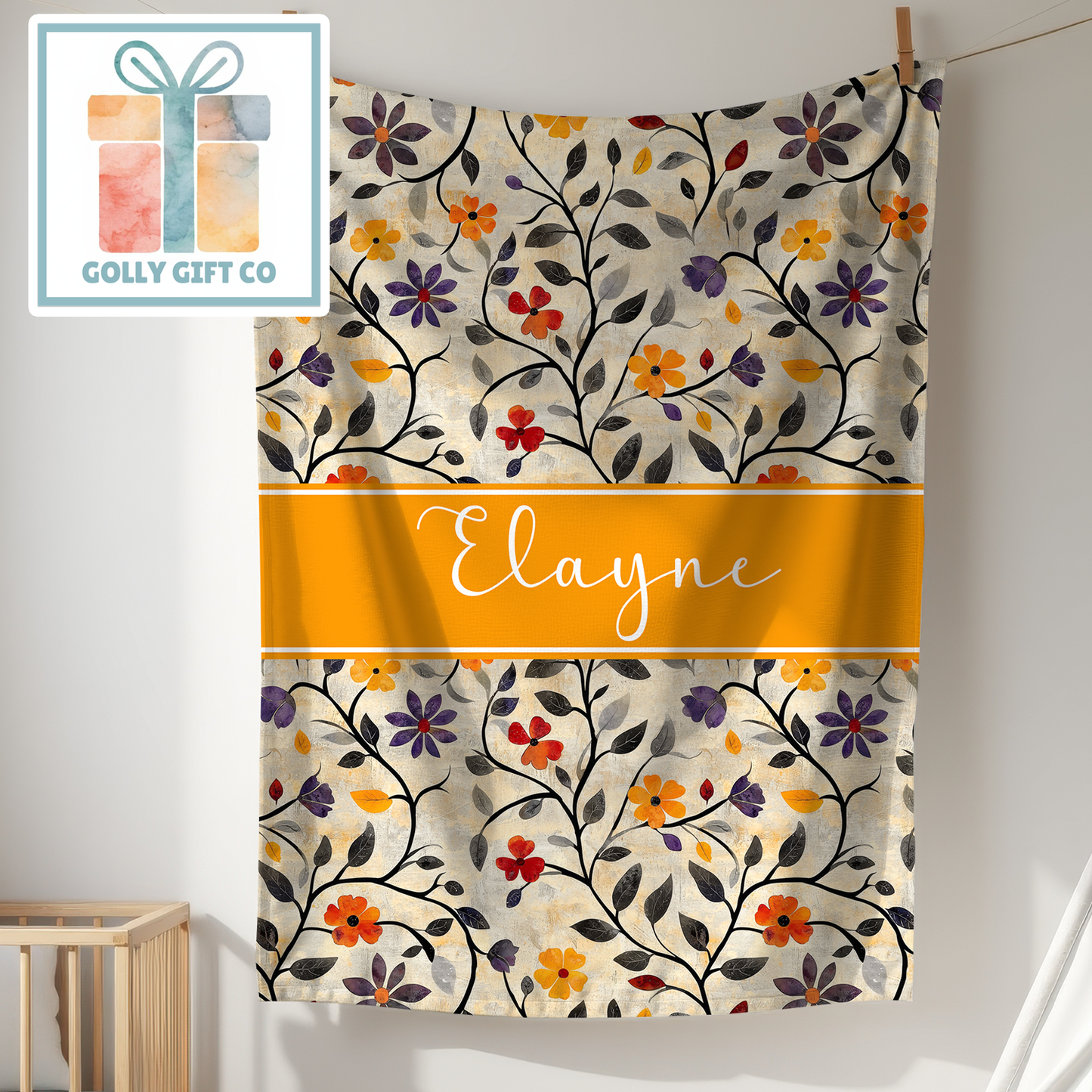 Custom Name Floral Boho Fleece Blanket - Personalized Throw Blanket with Vintage Flower Pattern