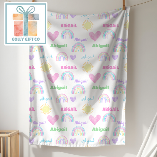 Personalized Rainbow Blanket - Custom Name Throw Blanket with Rainbows, Sunshine & Hearts
