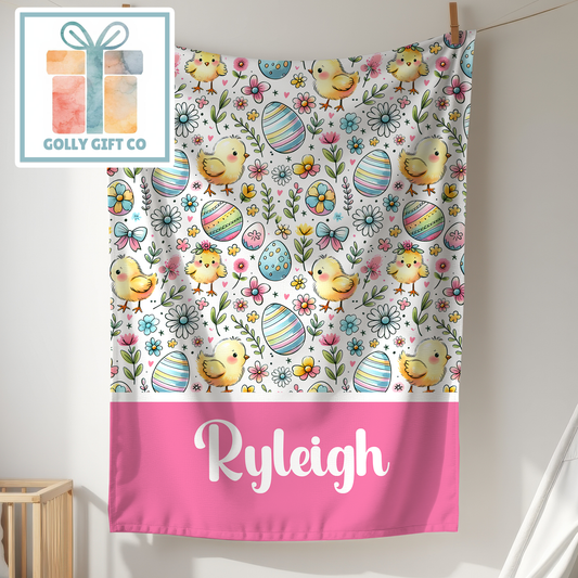 Personalized Easter Blanket with Name, Spring Chick and Egg Fleece Throw, Custom Baby Blanket, Kids Easter Gift