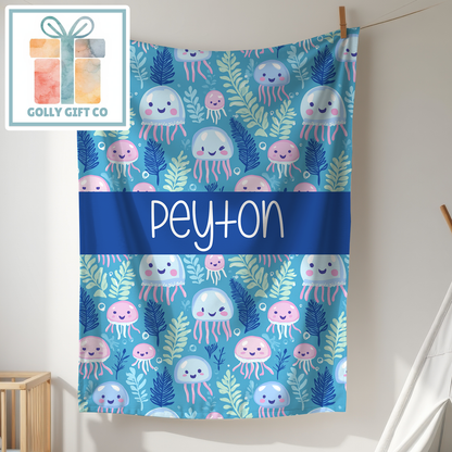 Personalized Jellyfish Fleece Blanket - Custom Name Ocean Theme Blanket for Kids