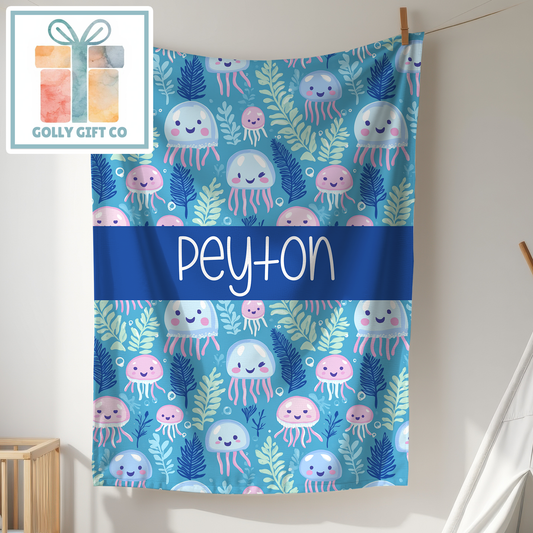 Personalized Jellyfish Fleece Blanket - Custom Name Ocean Theme Blanket for Kids