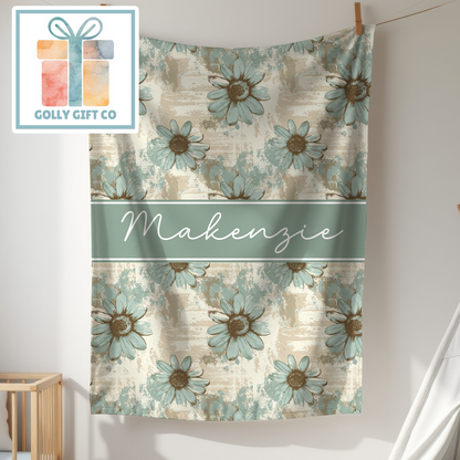 Personalized Rustic Daisy Fleece Blanket with Name, Turquoise Floral Custom Throw Blanket, Farmhouse Home Decor Gift