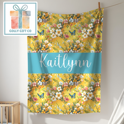 Personalized Vintage Floral Butterfly Fleece Blanket - Custom Name Tropical Boho Throw Blanket