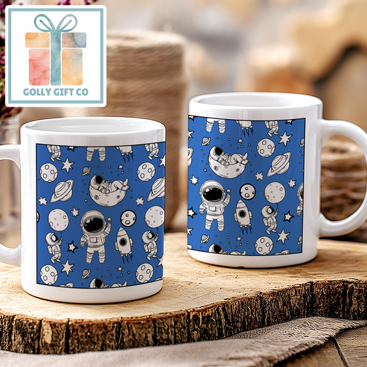Doodle Astronaut Coffee Mug - Gift Mug for Space Enthusiasts - Black and White Doodle Astronauts on a White Coffee Mug