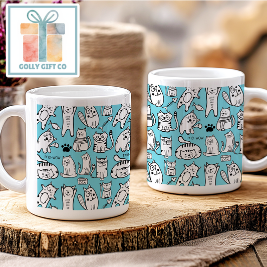 Adorable Doodle Cats Coffee Mug - Gift Mug for Cat Lovers - Black and White Doodle Kittens on a White Coffee Mug