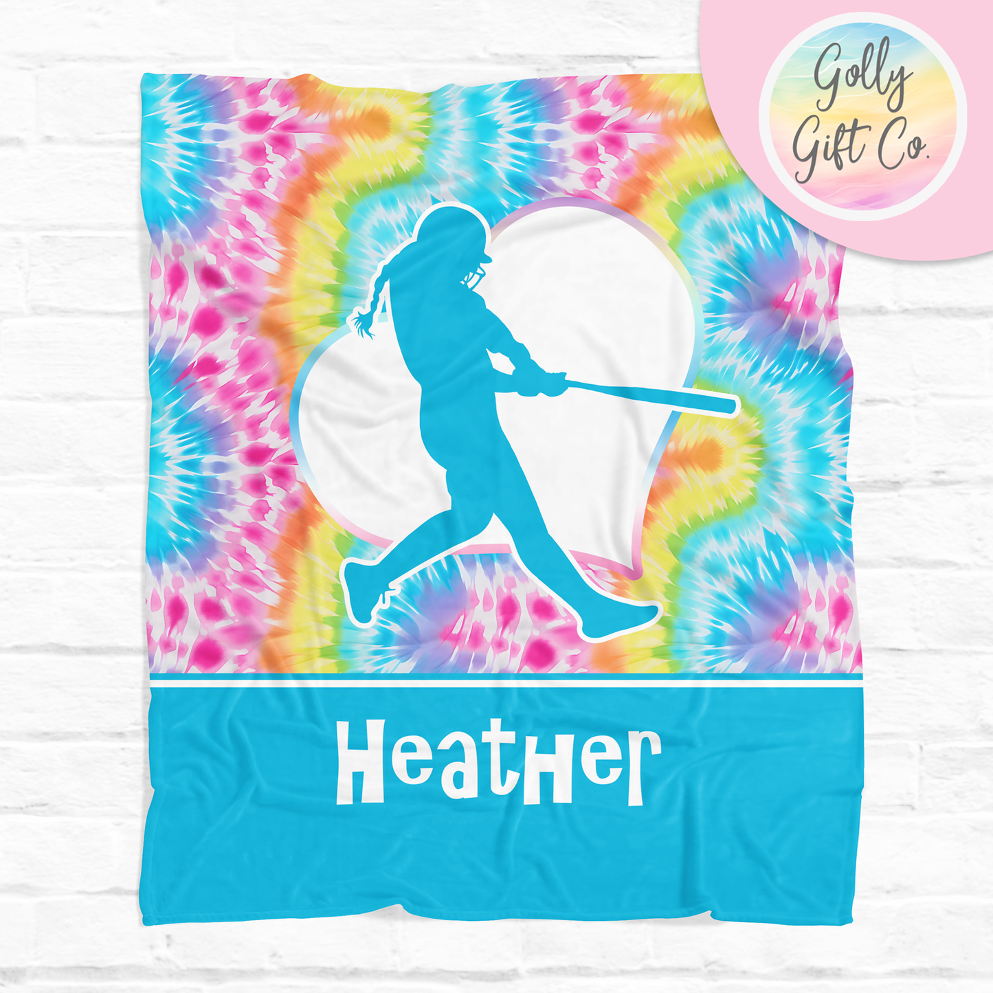 Personalized Bright Tie Dye Softball Bedding - Gift for Softball Player - Girls Softball Themed Fleece or Sherpa Throw Blanket - Golly Gift Co