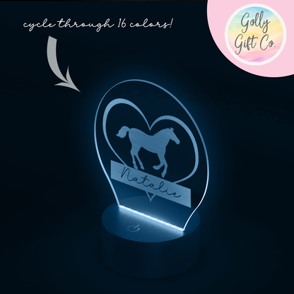 Personalized Horse and Heart LED Light with Your Name - 16 Color Nightlight / Room Light