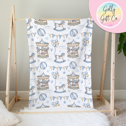 Personalized Carousel Fleece Blanket / Gift for New Baby Boy / Customized Baby Gift / Your Name Blanket/ Carousel Horse Baby Bedding - Blue