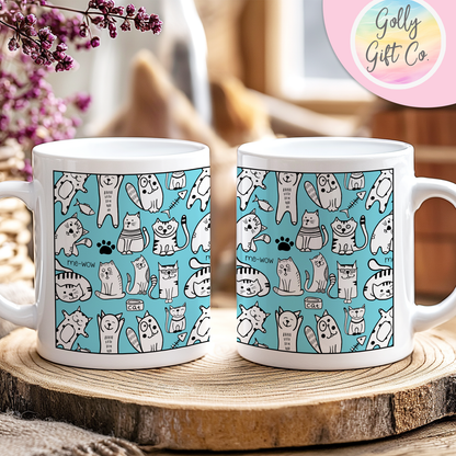 Adorable Doodle Cats Coffee Mug - Gift Mug for Cat Lovers - Black and White Doodle Kittens on a White Coffee Mug