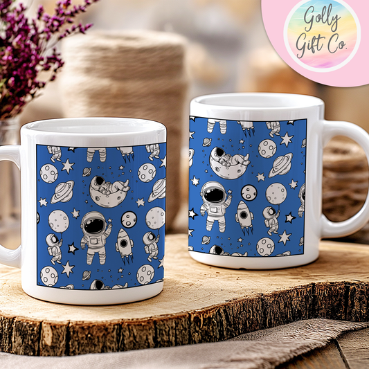 Doodle Astronaut Coffee Mug - Gift Mug for Space Enthusiasts - Black and White Doodle Astronauts on a White Coffee Mug