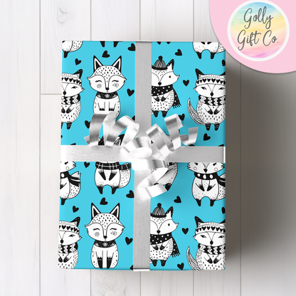 Doodle Fox Wrapping Paper - Gift Wrap - Any Occasion Gift Wrapping Paper With Black and White Doodle Foxes in Winter Clothes and Hearts