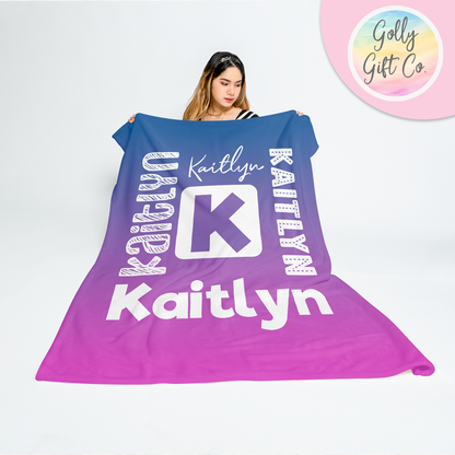 Personalized Name over Gradient Bedding - YOUR NAME and Initial Fleece or Sherpa Throw Blanket - Monogrammed Gift for Her - Golly Gift Co