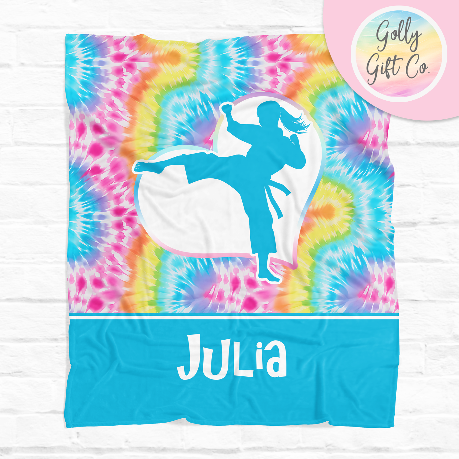 Personalized Bright Tie Dye Martial Arts Bedding - Girl Karate / Martial Arts Themed Fleece or Sherpa Throw Blanket - Golly Gift Co