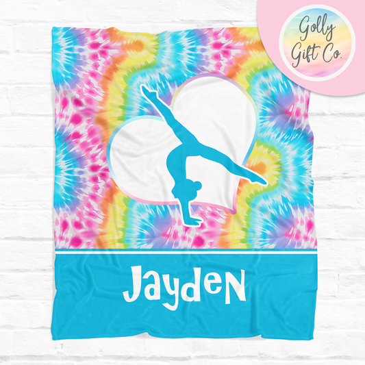 Personalized Bright Tie Dye Gymnastics Bedding - Girl Artistic Gymnastics Themed Fleece or Sherpa Throw Blanket - Gymnastics Gift for Girls - Golly Gift Co