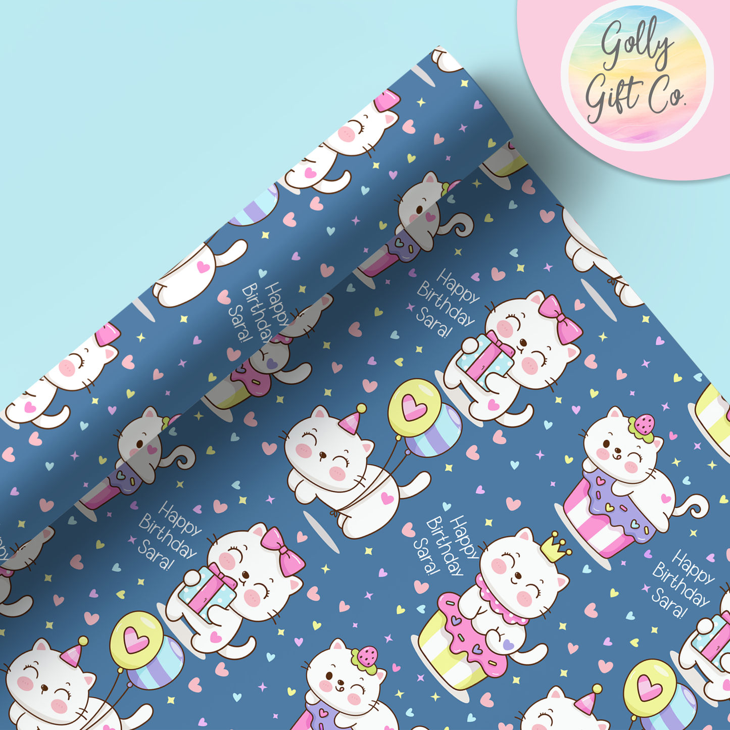 Personalized Kawaii Cat Happy Birthday Wrapping Paper - Customized Cute Kawaii Kitty Gift Wrap with Name On It