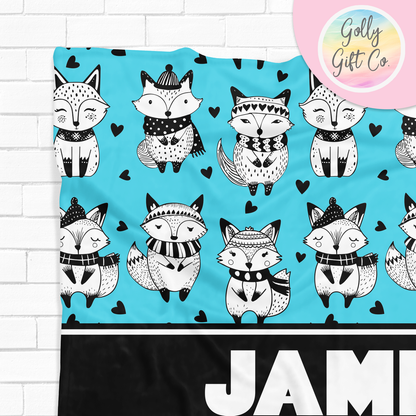 Personalized Doodle Fox Fleece Blanket / Gift for People Who Love Foxes / Customized Novelty Foxes Gift/ Your Name Blanket Fox Bedding