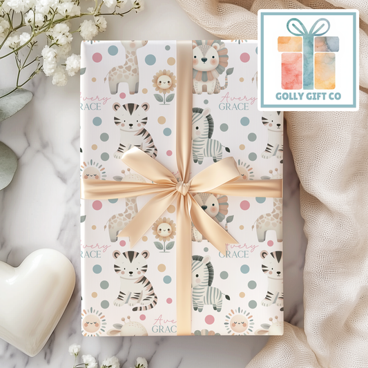 Personalized Boho Baby Animals Wrapping Paper - Your Name Baby Birthday or Baby Shower Gift Wrap - Baby's Name With Animals Gift Wrap - Golly Gift Co