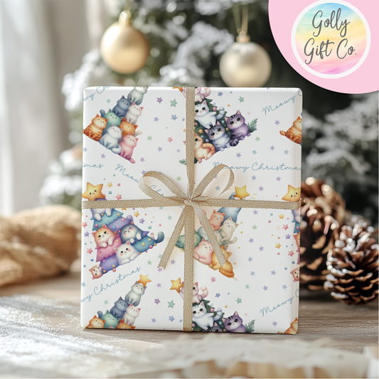 Meowy Christmas Cat Tree Themed Wrapping Paper - Christmas Gift Wrap for Cat Lovers - Golly Gift Co