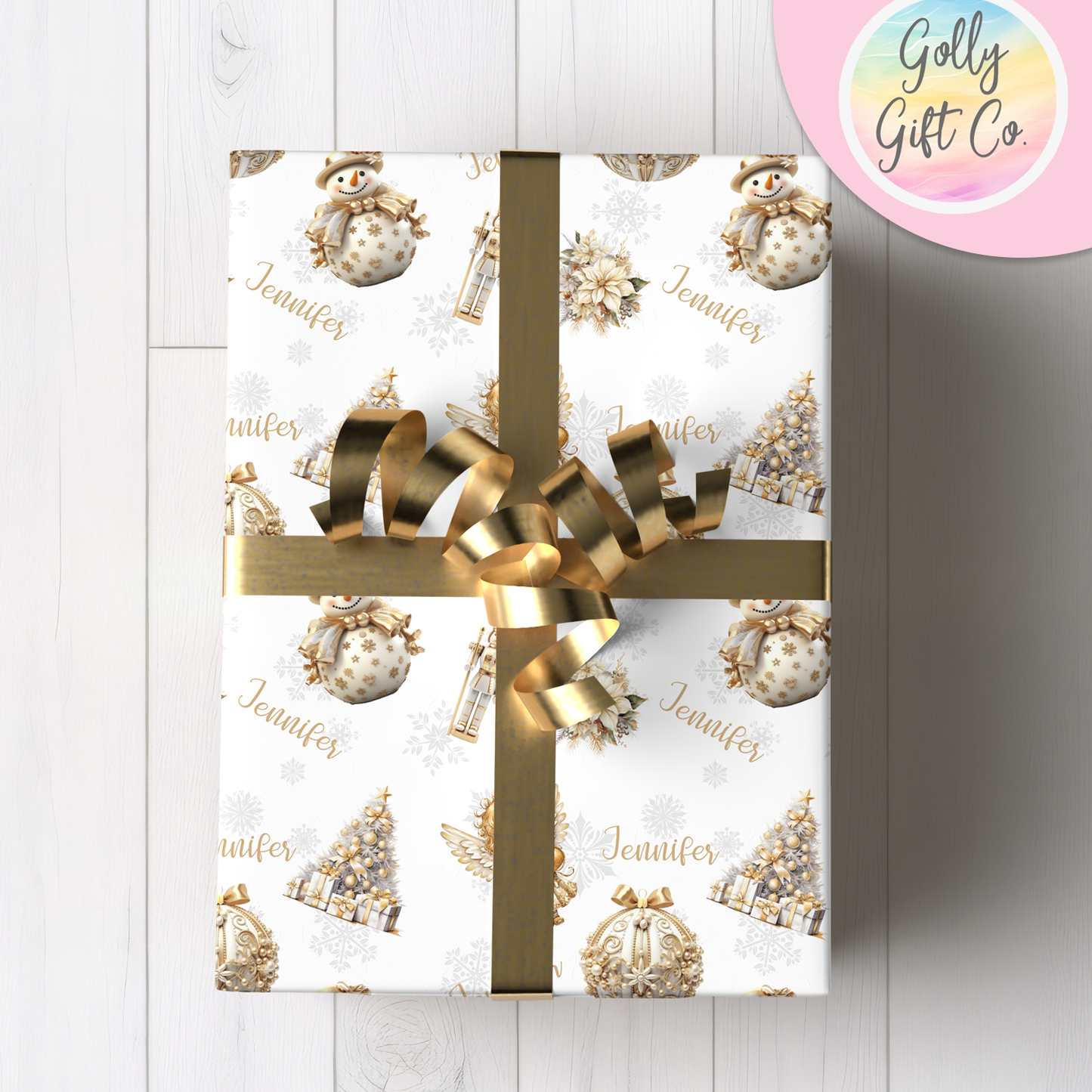 Personalized Gold Christmas Wrapping Paper - Your Name Christmas Gift Wrap in Hues of Silver and Gold - Elegant Christmas Wrapping Paper - Golly Gift Co