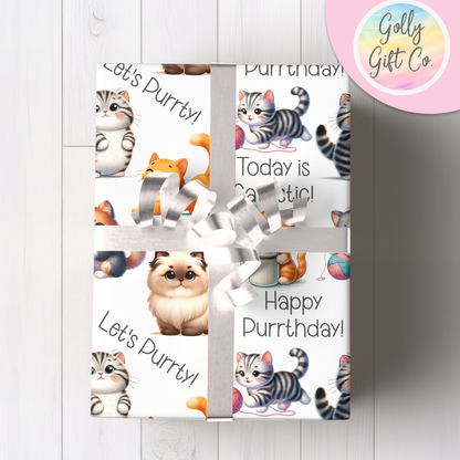 Let's Purrty Adorable Cat Wrapping Paper - Gift Wrap - Kittens and Cats Happy Purrthday Cat Puns Birthday or Other Occasion Wrapping Paper - Golly Gift Co