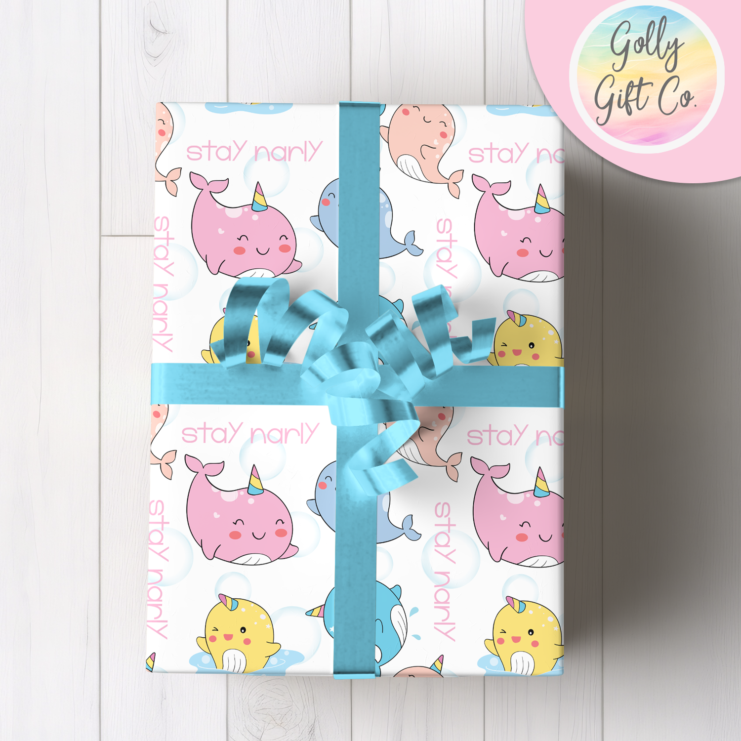 Stay Narly Adorable Narwhal Themed Wrapping Paper - Narwhal Gift Wrap For Birthday or Other Occasions - Golly Gift Co