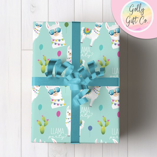 Llama Party?  Cute Llama Themed Wrapping Paper - Llama Gift Wrap For Birthday or Other Occasions - Golly Gift Co