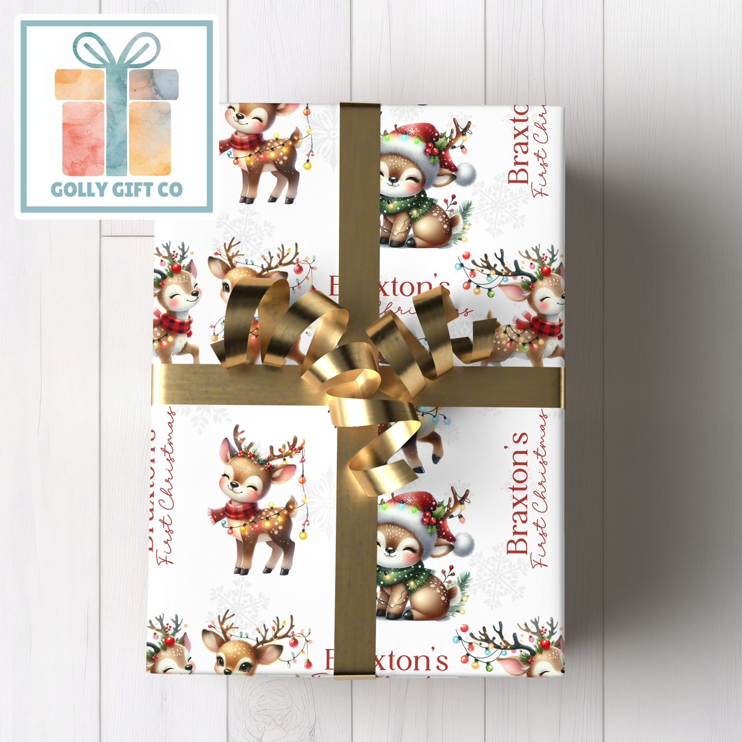 Personalized Baby's First Christmas Wrapping Paper - Your Name Christmas Gift Wrap - Baby's Name and Cute Reindeers Christmas Gift Wrap - Golly Gift Co