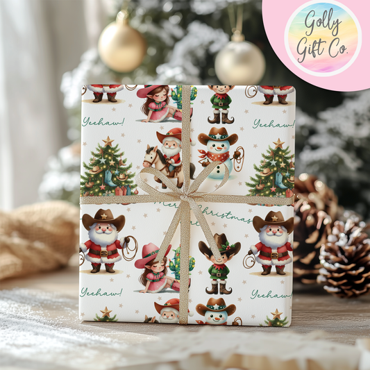 Cowboy Christmas Merry Christmas Y'all and Yeehaw Cowboy Santa Country and Western Christmas Wrapping Paper - Golly Gift Co