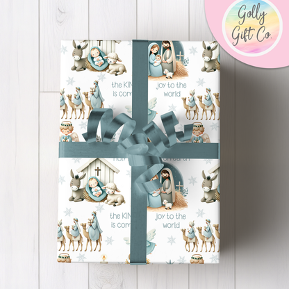 Cute Nativity Christmas Gift Wrap / Jesus' Birth Themed Wrapping Paper / Wrapping Paper for Christmas with a Blue Nativity Scene