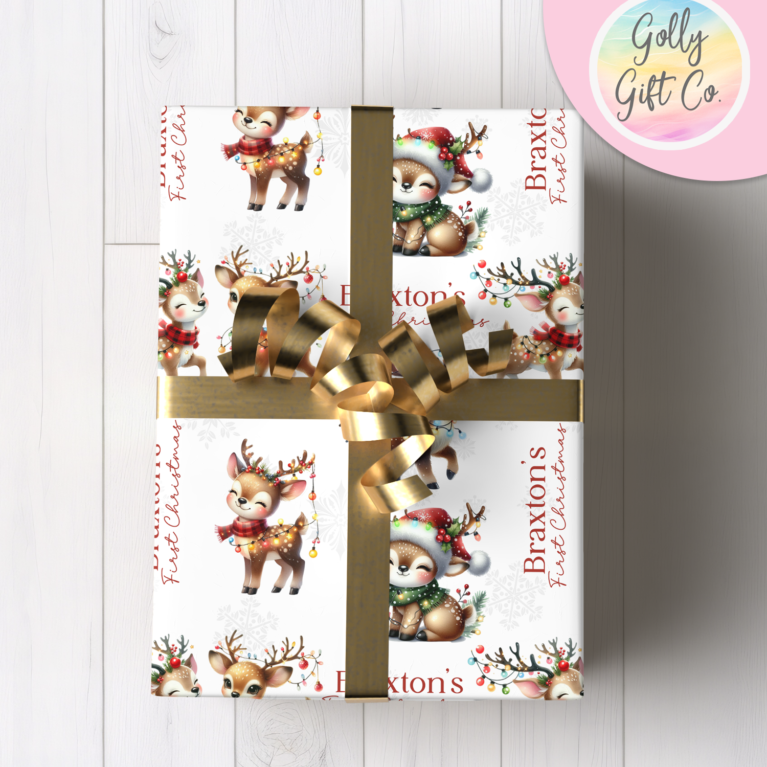 Personalized Baby's First Christmas Wrapping Paper - Your Name Christmas Gift Wrap - Baby's Name and Cute Reindeers Christmas Gift Wrap - Golly Gift Co