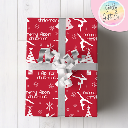 Gymnastics Christmas Gift Wrap / Girls Gymnastics Themed Wrapping Paper / Wrapping Paper for Gifts for Gymnasts - Flip For Christmas