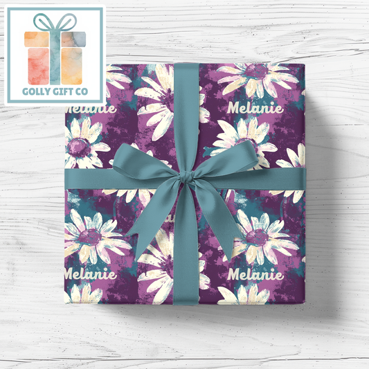 Floral Personalized Wrapping Paper, Custom Name Gift Wrap, Purple Daisy Pattern, Unique Present Wrap for Her
