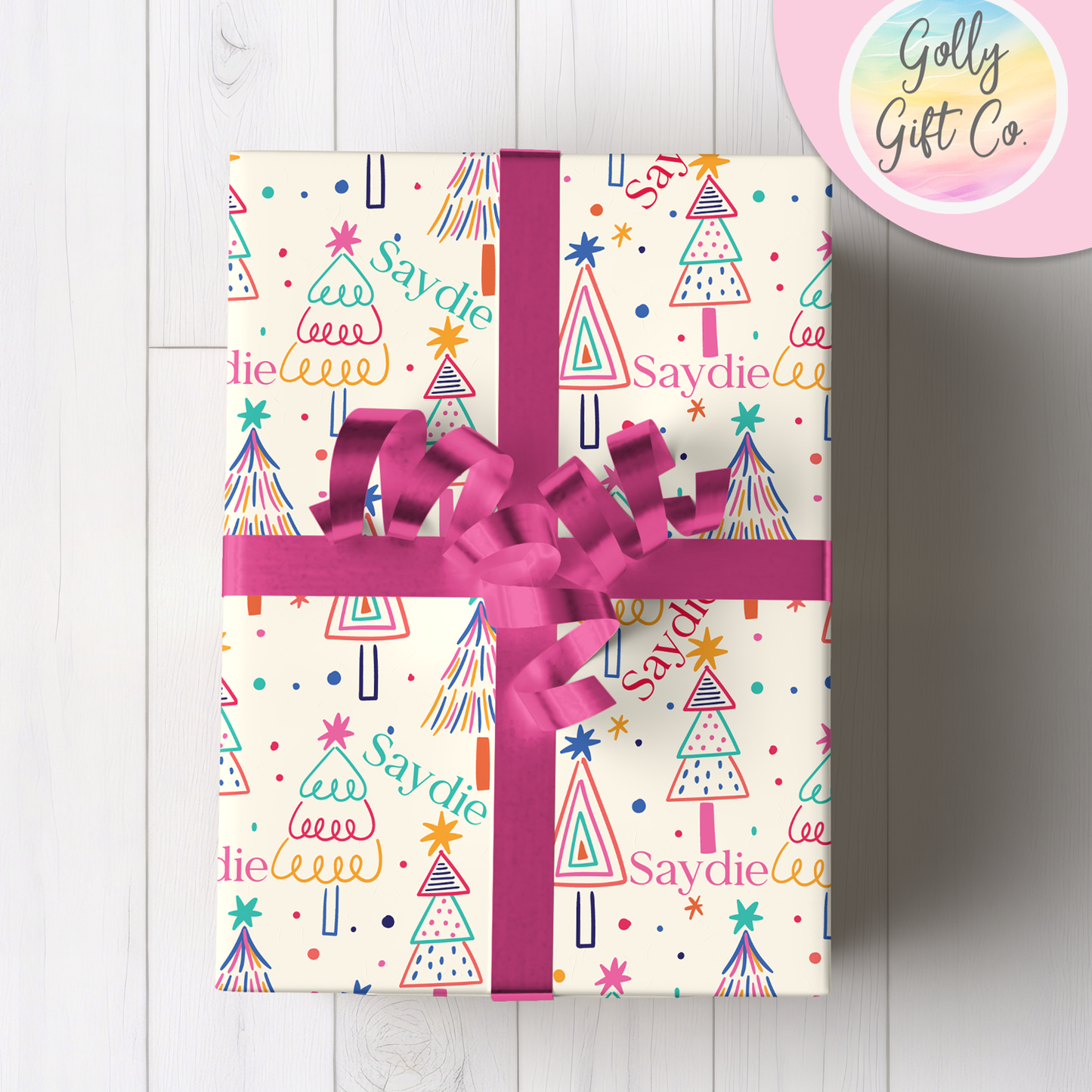 Personalized Your Name Christmas Wrapping Paper - Artistic Christmas Trees Gift Wrap - Girly Christmas Trees Gift Wrap with Recipient Name