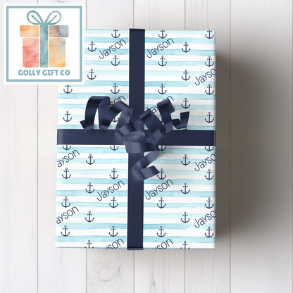 Personalized Blue Anchors Away Wrapping Paper - Your Name Baby Birthday or Baby Shower Gift Wrap - Baby's Name Navy Blue Themed Gift Wrap - Golly Gift Co