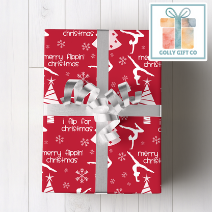 Gymnastics Christmas Gift Wrap / Girls Gymnastics Themed Wrapping Paper / Wrapping Paper for Gifts for Gymnasts - Flip For Christmas - Golly Gift Co