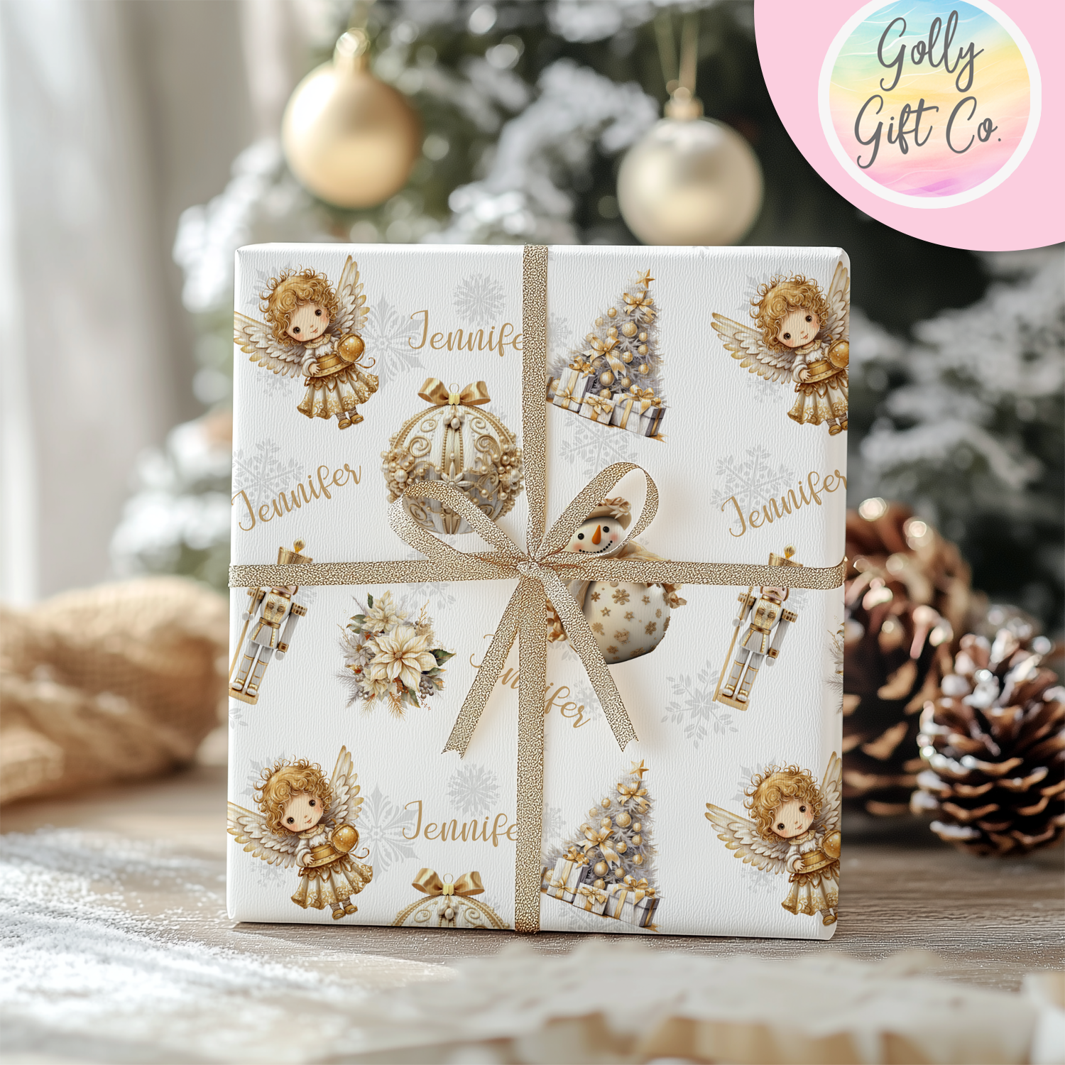 Personalized Gold Christmas Wrapping Paper - Your Name Christmas Gift Wrap in Hues of Silver and Gold - Elegant Christmas Wrapping Paper - Golly Gift Co