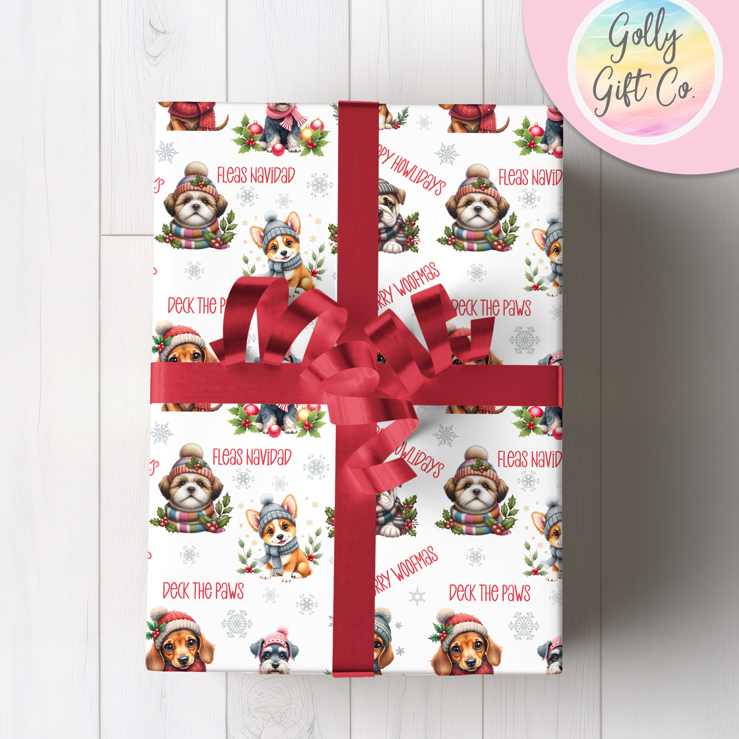 Adorable Christmas Dogs Wrapping Paper - Gift Wrap Dogs with Winter Hats - Merry Woofmas Christmas Wrapping Paper - Golly Gift Co